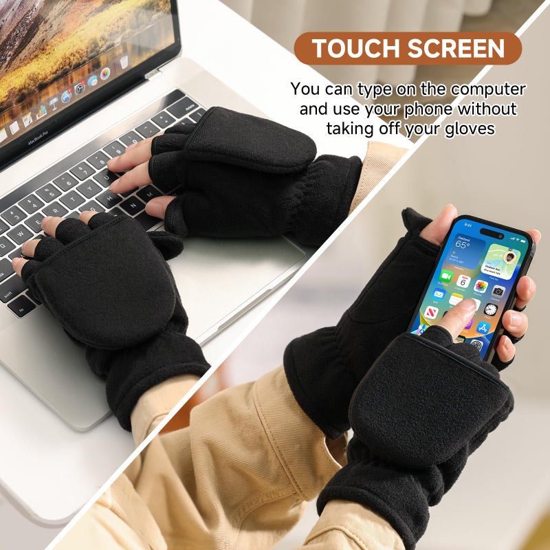 BESSTEVEN Winter Fingerless Gloves Convertible Mittens with Flip Top Thermal Fleece for Running Walking Photographing Painting Typing - Black Small - Image 3